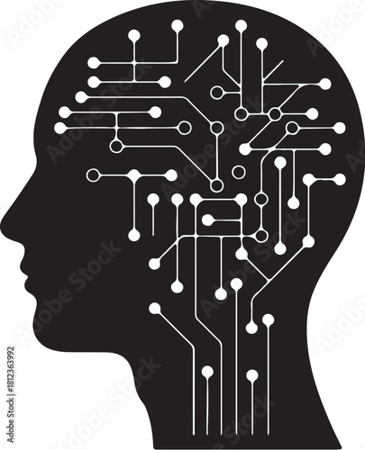 Silhouette of a human head with integrated circuit board pattern Keywords: head, silhouette, human, brain, circuit board, technology, artificial intelligence, AI, also transparent background