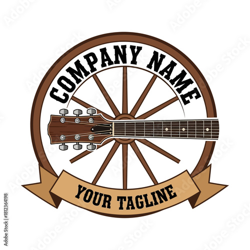 A detailed logo featuring a guitar integrated into a wagon wheel, with text elements.