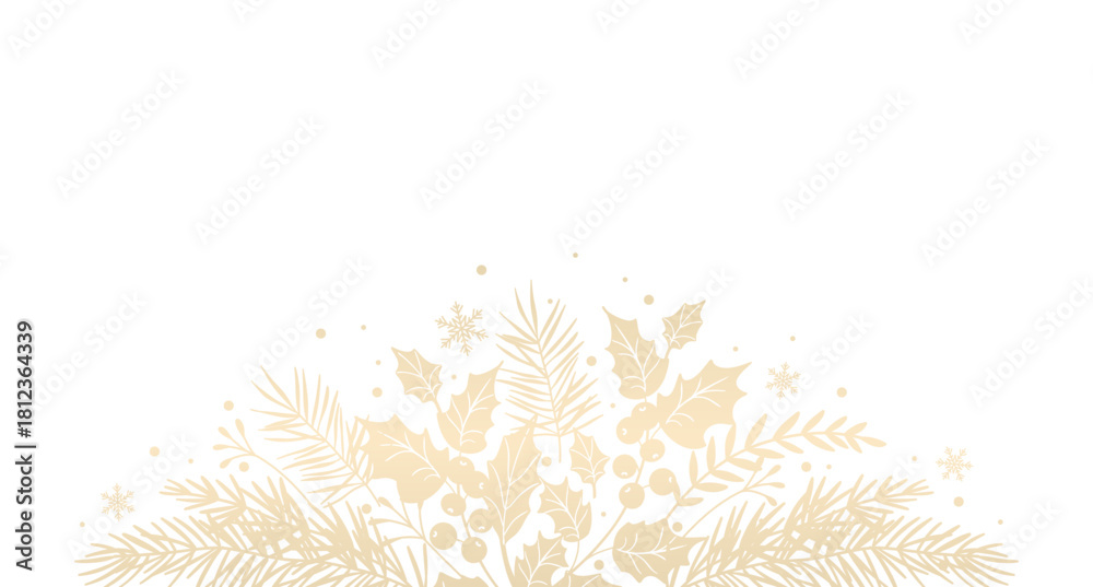 Naklejka premium Winter golden floral frame. Border. Luxury Christmas pattern with fir branches and holly leaves. Vector illustration with elegant hand drawn winter botanical decorative elements