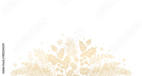 Winter golden floral frame. Border. Luxury Christmas pattern with fir branches and holly leaves. Vector illustration with elegant hand drawn winter botanical decorative elements