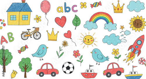 Whimsical collection of cartoon elements for children s designs including alphabet animals vehicles and nature scenes