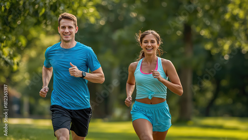 Active young couple running together along a park path on a sunny day. Man and woman enjoying outdoor fitness, healthy lifestyle, and exercise in a natural green environment