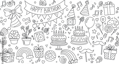 Whimsical hand drawn doodle art of a festive celebration with lanterns and bunting