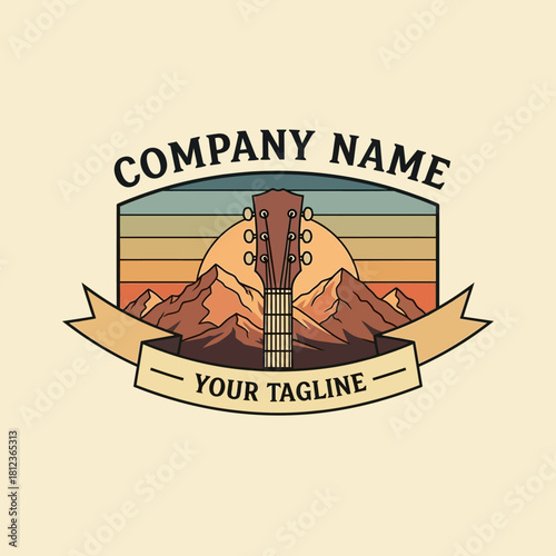 A vintage-style logo featuring a guitar headstock in front of a mountain range and a striped sunset, with banners for company name and tagline.
