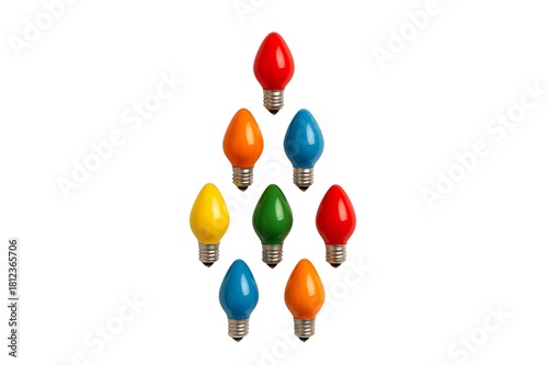 Colorful Christmas light bulbs arranged in tree shape on white background