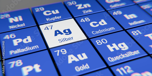 Detail view of chemical element Ag Silver (German: Silber) with atomic number 47 within the periodic table of elements in German. Dynamic dispersion effect at the corners and shallow depth of field.