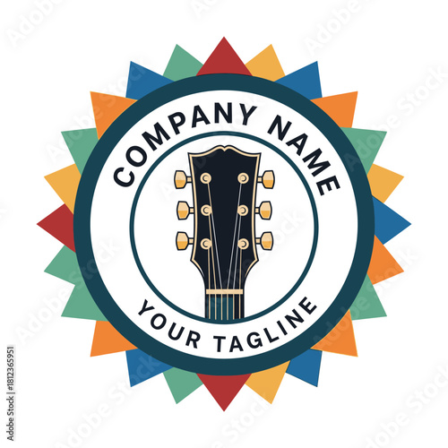Colorful circular logo featuring a guitar headstock, company name, and tagline, surrounded by a vibrant sunburst design with triangular segments.