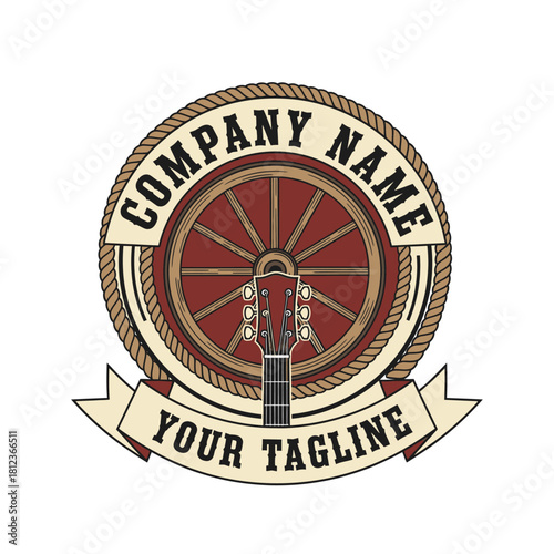 Rustic country western logo design featuring a wagon wheel, guitar neck, rope border, and customizable text banners.