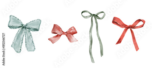 Watercolor set of a lace and satin bows. Cozy winter design. Hand painted element for invitation, social media and posters.
