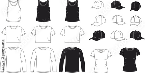 Black and white clothing, shirt and cap designs, fashion illustration board, garment style chart, apparel reference sheet, retail catalog inspiration