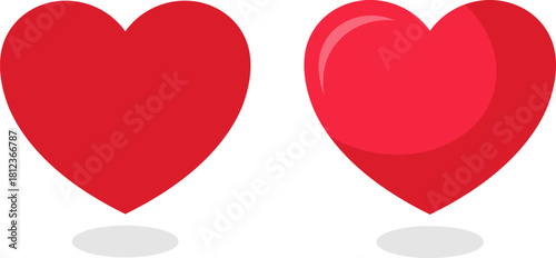 Two red hearts one flat one shiny with shadows