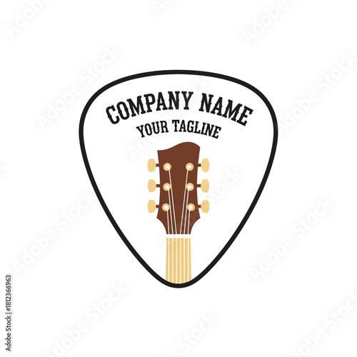 Guitar pick logo with guitar headstock illustration.