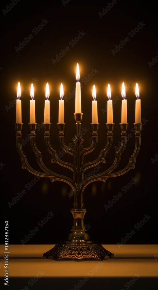 Fototapeta premium A golden Hanukkah menorah with all nine candles lit against a dark background. This creates a warm, spiritual mood for the Jewish Festival of Lights. Ideal for holiday content.