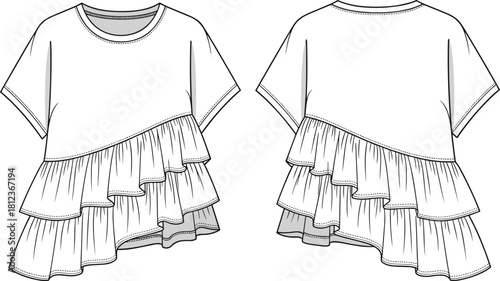 Asymmetrical ruffle top, fashion sketch, garment design sheet, stylish clothing illustration, couture reference board, apparel silhouette, designer inspiration