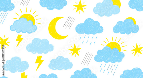 Whimsical weather pattern featuring handdrawn clouds, suns, moons, stars, and raindrops, creating a cheerful and dreamy atmosphere, isolated on