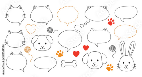 Handdrawn speech bubbles with cute animal faces, paw prints, hearts, yarn balls, and a bone isolated on, perfect for adding a whimsical touch to your designs
