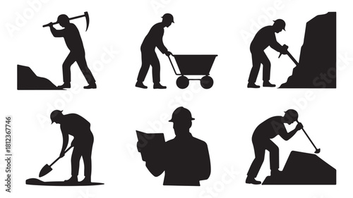 Set of mining worker silhouette icons vector illustration of miners with pickaxes and shovels isolated on white background