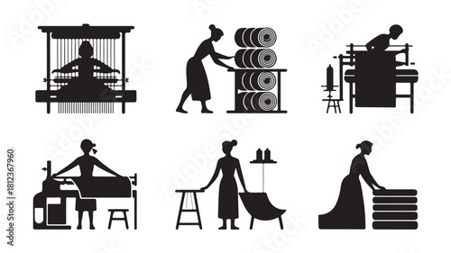 Silhouetted women weaving and working with textiles vector illustration of traditional craft and textile production isolated on white background