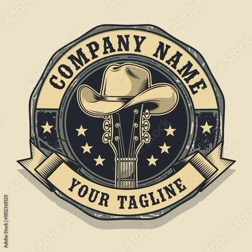 Vintage logo with guitar headstock, cowboy hat, stars, and ribbon banner.