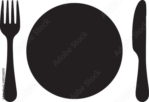 Black Silhouette of a Plate with Fork and Knife for Dining and Restaurant Concepts Keywords: plate, fork, knife, dining, restaurant, food, meal, eating, cutlery, also transparent background