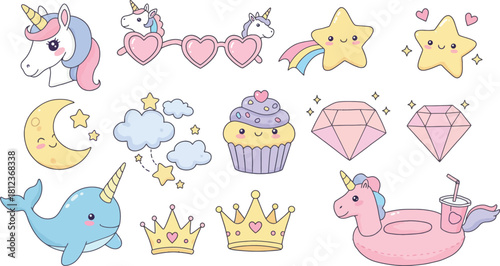 Whimsical collection of cute kawaii style unicorns ice cream cones moon and whale illustrations on white background