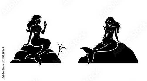Two Silhouettes of Mermaids Resting on Rocks, One Holding a Phone, Evoking Fantasy and Modern Life