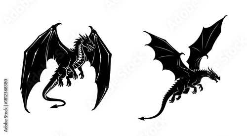 Dynamic Pair of Mythical Black Dragon Silhouettes in Flight, Elegant Vector Illustrations with Spread Wings, Majestic Fantasy Art for Creative Digital Projects and Design Elements