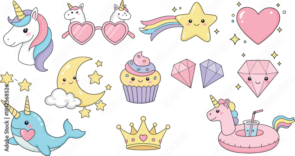 Fototapeta premium Collection of cute kawaii style illustrations featuring unicorns narwhal cupcake moon stars hearts and crown