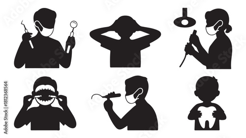 Set of dental care icons black silhouette vector illustration of dentist and patient isolated on white background