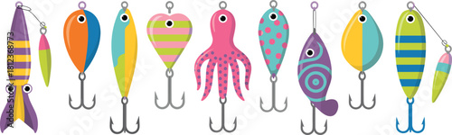 Cute vector set of colorful fishing lures, jigs, spoons, squid, octopus, and hearts shaped bait.