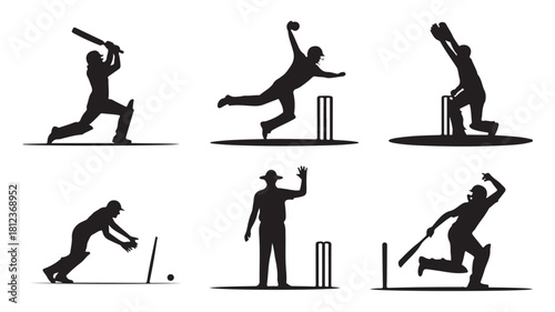 Set of cricket player silhouettes in action poses vector illustration for sports design isolated on white background