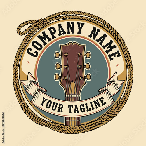 A vintage country western style logo featuring a guitar headstock inside a circle framed by a lasso rope.