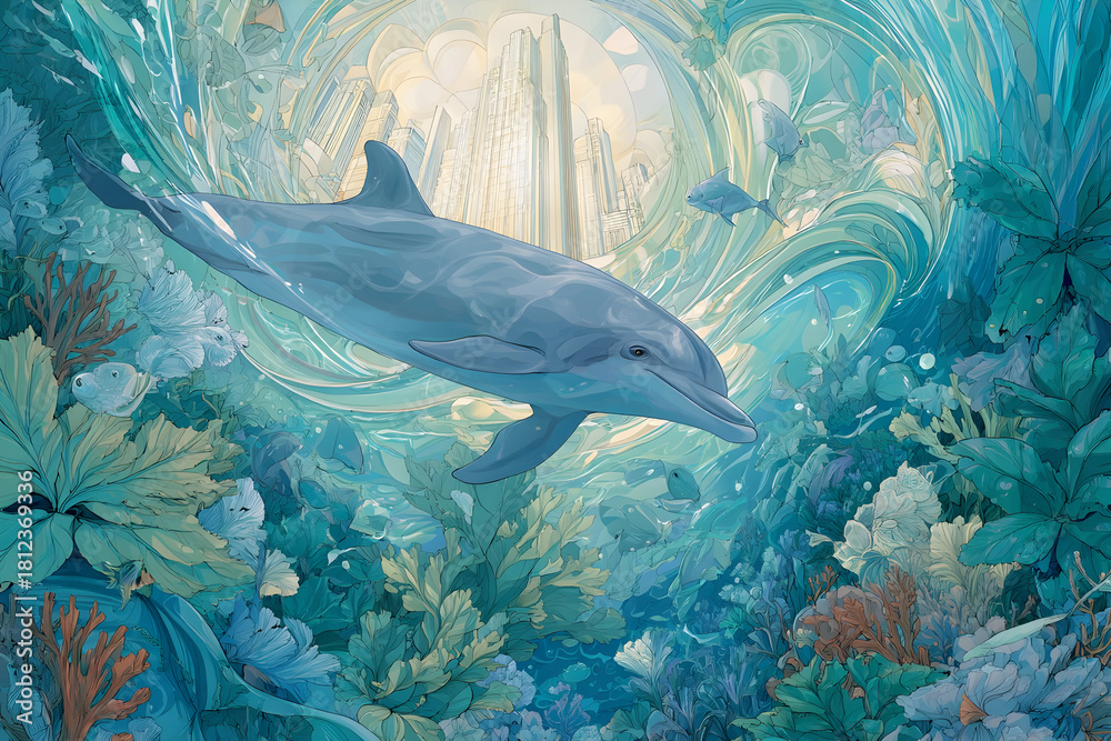 Fototapeta premium Enchanted ocean scene with dolphin gliding through crystal waters