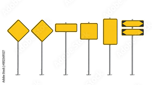 Assortment of yellow road signs for safety and directions on roadways