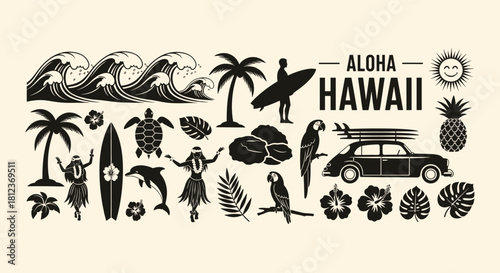 Aloha hawaii set with wave, palm tree, surfer, dancer, turtle, dolphin, parrot, pineapple, car, flower, leaf, sun isolated on