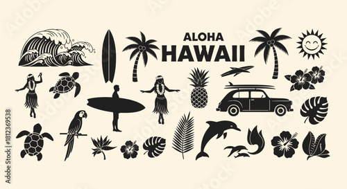 Aloha hawaii vector set with tropical elements like palm trees, surfboards, hula dancers, turtles, waves, pineapple, car, dolphin, hibiscus, plumeria, and sun isolated on