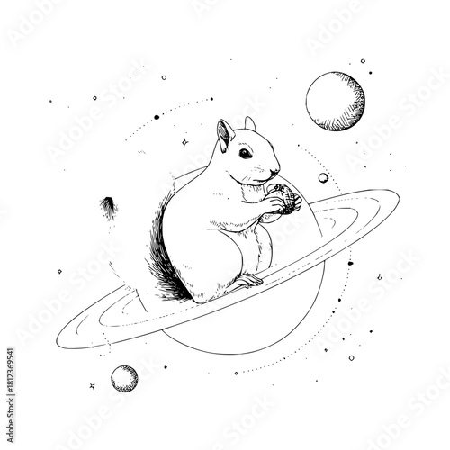 Squirrel sits on the planet saturn and eats a nut isolated on