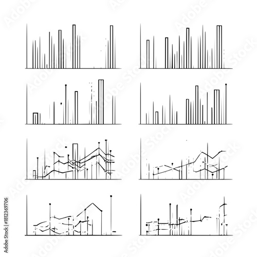 Hand drawn sketch of various graphs and charts isolated on