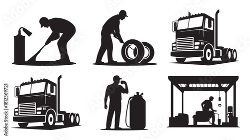 Silhouette illustrations of truck mechanics repairing tires and vehicles vector design for transportation and service industry