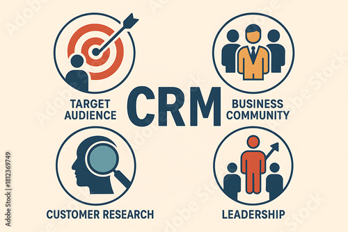CRM customer relationship management system concept illustration showing target audience research leadership and business community development