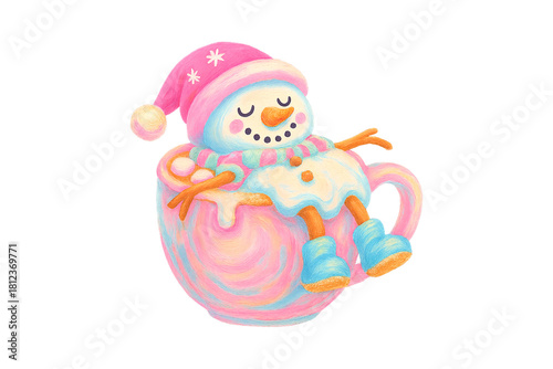 Cute snowman relaxing in a cup of hot chocolate  watercolor Christmas illustration Sublimation Design