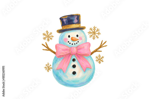Watercolor snowman with pink bow tie and snowflakes  illustration Sublimation Design