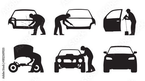 Car repair process icons showing body work painting and maintenance vector illustration isolated on white background
