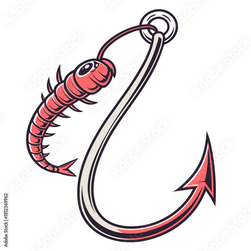 Fishing hook with maggot isolated on a classic combination for catching fish in freshwater environments