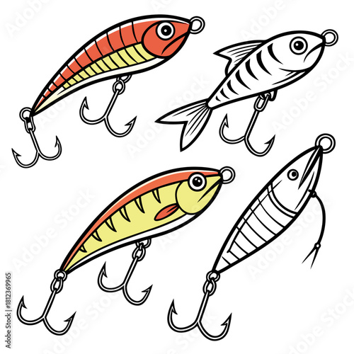 A collection of fishing lures in cartoon style, isolated on, perfect for angling enthusiasts and fishing gear promotions