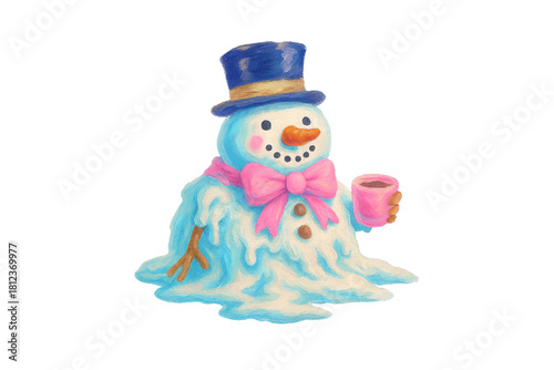 Melting snowman with a top hat and a bow tie holding a cup of hot chocolate illustration Sublimation Design