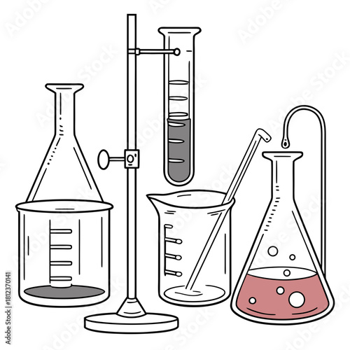 Illustration of laboratory glassware isolated on, including erlenmeyer flasks, beakers, and test tubes for scientific experiments and chemical research