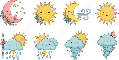 Charming watercolor illustrations of celestial bodies and weather elements with cute faces