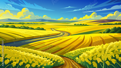Very beautiful yellow canola fields stretching across the open plains of North Dakota, glowing under bright summer sunlight and creating a vibrant landscape of golden blossoms beneath a clear blue sky
