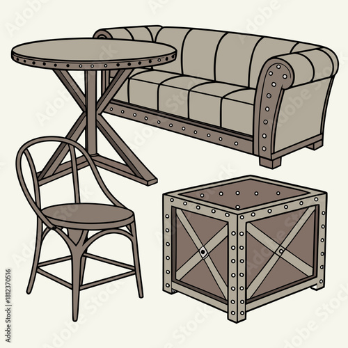 Vintage furniture set with industrial design isolated on, featuring a chair, table, sofa, and box for a stylish and retro interior decor